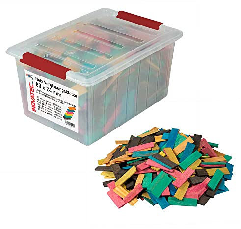 300 x INOVATEC Holz Verglasungsklötze Glasklötze 80 x 24 x 1-6mm Trageklötze Montage Fenster Tür in praktischer wieder verwendbarer Box mit Deckel und Clips