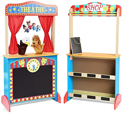 CHIUHEI Deluxe Wooden Puppet Theater with Curtains, Blackboard and Clock, Double-Sided Play Store 3-8Y & Kid Puppet Show Theater with 2 Hand Puppets and 4 Finger Puppets for Toddlers 3+