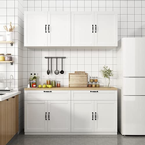 FAMAPY 63 Kitchen Cabinet Set with Wall Mounted Cupboard and Buffet Sideboard, Pantry Storage Cabinet with Adjustable Shelves and Drawers, Shaker Style Kitchen Organizer, White and Oak