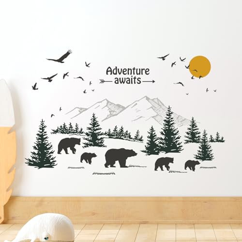 Tanlaby Berge Bär Wandtattoo Kiefern Wandsticker Woodland Tier Wandaufkleber für Kinder Babyzimmer Wohnzimmer Schlafzimmer Kinderzimmer Hause Wanddekoration