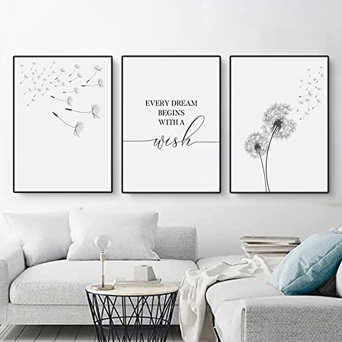 EXQULEG 3er Poster Set Modern Schwarz Weiß Löwenzahn Leinwandbilder Wandbilder, Abstrakte Blume Bilder Set Kunstdrucke Wandposter für Wohnzimmer Deko, Ohne Rahmen (30x40cm)