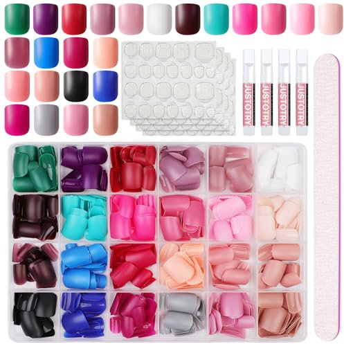 JUSTOTRY 24 Packs (576 PCS) Mat Carrés Faux Ongles Kit Court,Reutilisable Press on Nails avec Patch,Colorés Faux Ongle Lot avec Colle Pour Femme et Ado,Square Faux Ongles à Coller Nail Art