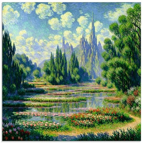 ARTland Wanddeko Glasbilder Wandbild Glas Bild einteilig Quadratisch Landschaften Idyll Teich Seerose Blumen Bäume Van Gogh KI Kunst U4YI
