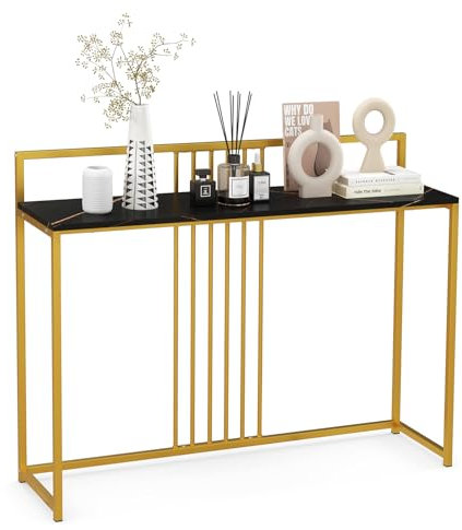 COSTWAY Table Console, Console Meuble Entrée en Faux Marbre, Design Géométrique Moderne, Cadre en Métal Doré, Kit Anti-Basculement Inclus, pour Entrée, Couloir, Salon, 120 x 32 x 89 cm (Noir)