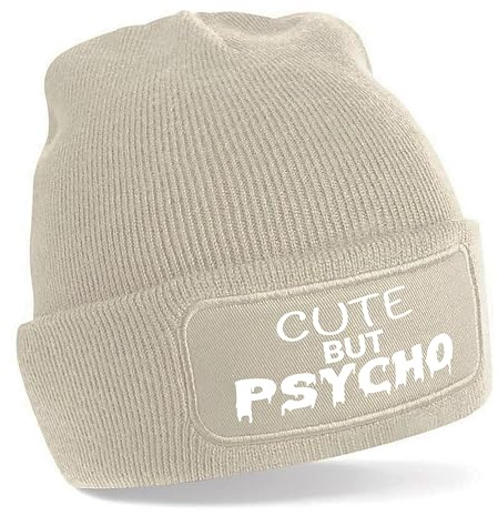Herzbotschaft Beanie Strickmütze mit Spruch | Cute but Psycho | Farbwahl | Unisex SoftTouch angenehm weiche und warme Wintermütze | OneSize Einheitsgröße für Erwachsene