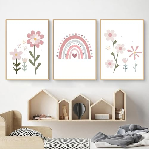 Uixxducc 3er Set Bilder Kinderzimmer Mädchen Poster Kinderzimmer Deko, Regenbogen, Blumen, Liebe und Schloss Wandbilder Babyzimmer Deko, OHNE Rahmen (A,50x70cm)