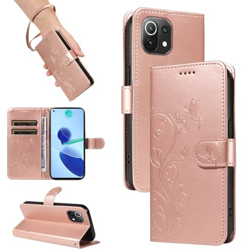 SRISHP Hülle für Xiaomi Mi 11 Lite 5G / 11 Lite 4G / 11 Lite 5G NE Hülle, Premium PU Leder Handyhülle mit Band, Magnet Flip Case für Xiaomi Mi 11 Lite 5G, Rosé Gold
