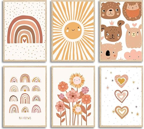 Wandschmuck für Kinderzimmer, Motiv: rosa Regenbögen, Boho, Sonnendruck, Blumenkunst, Gemälde, Liebe, Stern, Leinwand, niedliche Tiere, Bilder, Bär, Alpaka, für Kinderzimmer, Kinderzimmer,