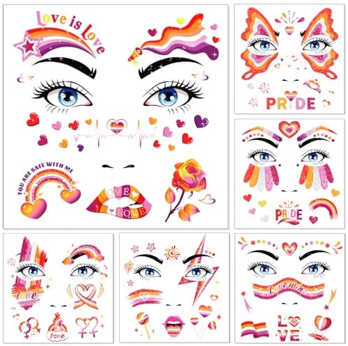 DPKOW Glitter Lesbian Face Tattoos Pride Accessories, 12 Sheets Lesbian Pride Temporary Tattoos LGBT Pride Makeup for Women Adults Lesbian Pride Face Body Art, Butterfly Heart Lesbian Flag Tattoos