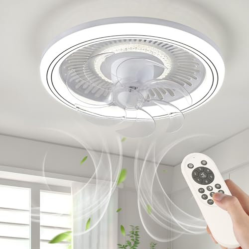 RIYNFO Ceiling Fans with Lights,Remote Fan Light 6 Speed Modern Ceiling Fan Lights Dimmable LED 3 Color Temperature 48CM Low Profile for Bedroom (white-20)