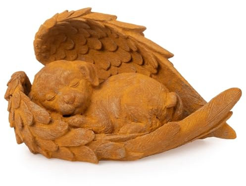 Novaliv Grabschmuck Hund Engelsfügeln rostfarben 22x13x13 cm Grabdekoration wetterfest Grabfigueren Kreuz für Friedhof Grabdeko Kreuz für Grab Gedenkstein Grabstein Deko Grabschmuck Allerheiligen