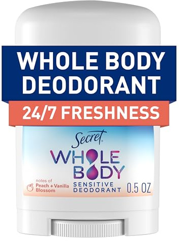 Secret Whole Body Deodorant Stick for Women, Travel Size, Peach & Vanilla Blossom Scent, Aluminum Free Deodorant, 72 HR Odor Protection, 0.5 oz