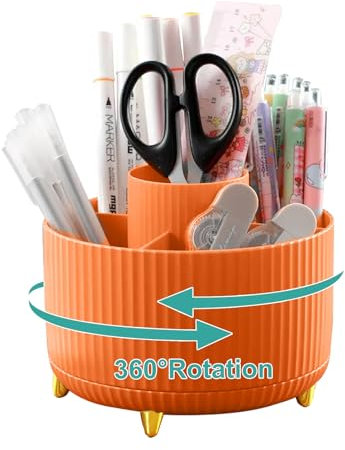 Lenfuos Schreibtisch Organizer, 360 Grad drehbarer Büro-Organizer Stifthalter, 5 Sortierfächer für Stifte, Hefter, Ordnerklammern, Haftnotizen, Platzsparendes Desk Organizer (Orange)