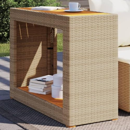 NQJIBUE Outdoor Möbel Garten Beistelltisch mit Holzplatte Beige 100x40x75cm Poly Rattan Outdoor Tische