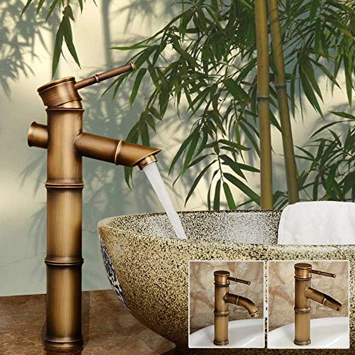erkebspm Waschbecken-Wasserhahn, Vintage-Messing, Bambus-Design, Waschbecken, Messing-Mischbatterie, hohe Theke, Badezimmer-Waschtischarmatur, Retro-Badezimmer-Waschtischarmatur, heiße und kalte