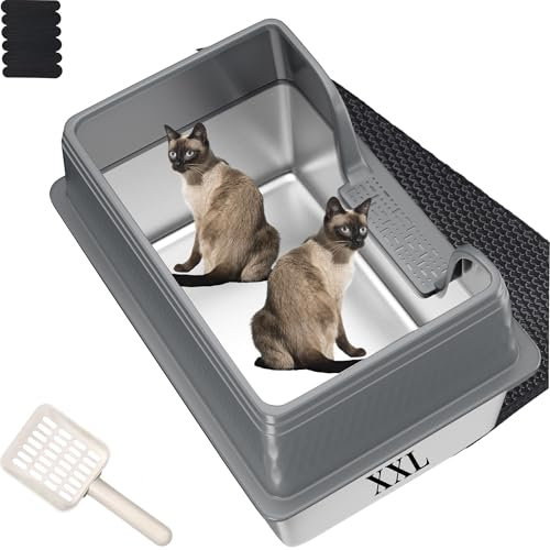Pawsayes Stainless Steel Cat Litter Tray with High Wall High Sided Cat Litter Box For Large Cats Anti-Spillage Detachable Enclosure Metal Litter Tray (60x40x35) (Grey, XXL)