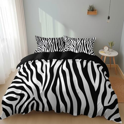 Srigzcaly Bettwäsche 135x200 cm Zebra-Muster, Mikrofaser Wendebettwäsche mit Reißverschluss, Schwarz Bettbezug inkl. 2X Kissenbezug 80x80 cm