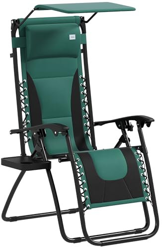 Outsunny Zero Gravity Lounger Chair, Folding Reclining Patio Chair with Shade Cover, Padded Seat, Cup Holder, Soft Cushion and Headrest for Poolside, Camping, Green