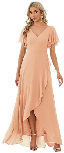 Ever-Pretty Robe pour Mariage Invité Femme Longue Asymétrique Manches Courtes Col V Fendue Fluide Chic Rose Foncé 46