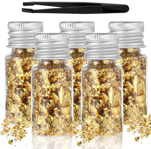 5 Flaschen Gebäck Blattgold Flocken Blattgoldblätter Tortendeko Gold Kuchendekoration Goldflocken Gold Folien Papier Blattgoldflocken Dekorfolie mit Pinzette für Kunsthandwerk Backen Nagelkunst