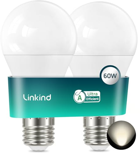 Linkind LED E27 Edison Lampe, 3,8W=60W, A-Label, 4000K Neutralweiß, 806Lm A60 Glühbirne von 220°, Ultra-effiziente E27 Birne, 50,000 Std. Lebensdauer, Matt, 2 Stück