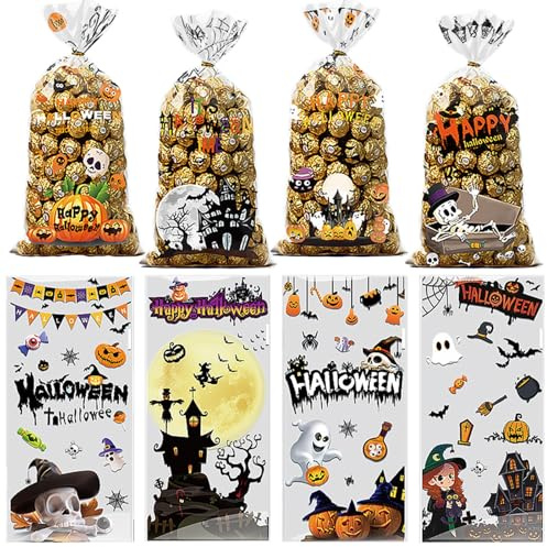 MOMAHUA 100 Sück Halloween Süßigkeiten Tüten, Cellophantüten Bonbon Zellophantüten für Süßigkeiten mit Twist Krawatten, Popcorn Taschen Kürbis für Snacks Kleinen Spielsachen Halloween Party