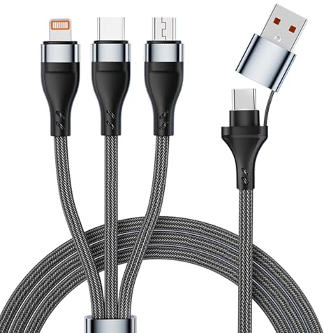 Multi Ladekabel, USB A / USB C Schnellladekabel 5 in 1 mit iPone / Micro / Typ C Stecker für iPhone, Samsung Galaxy, Kopfhörer, Powerbank, Kamera, Nylon geflochtenes Kabel