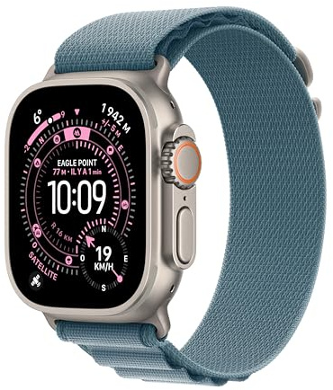 Apple Watch Ultra 3 GPS + Cellular 49 mm Premium Smartwatch für Lauftraining und Kombinationssport mit robustem Titangehäuse in Natur und Alpine Loop in Hellblau (Small)