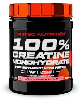 Scitec Nutrition 100% Creatine Monohydrate - Creatina en polvo con sabor | Ejercicios sucesivos de alta intensidad y corta duración - Fórmula vegana - Sin azúcares ni gluten - 300 g, Fresa-Té verde