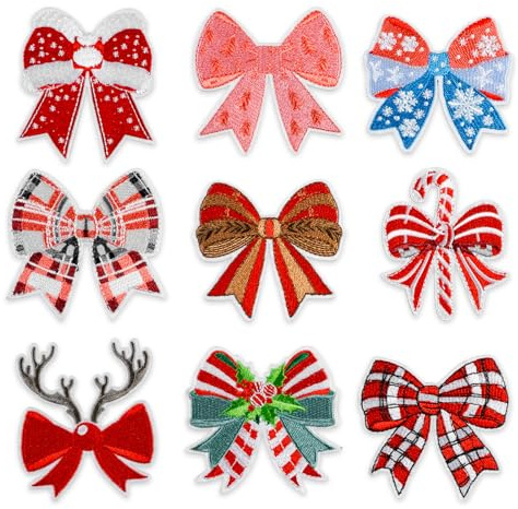 9 Stück Weihnachtseisen auf Patches - Stickerei Bogen Applique Patches für Kleidung, DIY Weihnachtsdekorationen auf Jacken, Hüte, Taschen, Geschenke