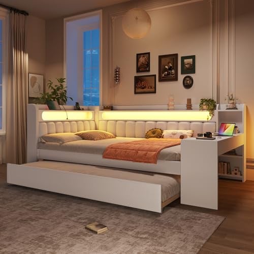 BTM Jugendbett 140x200 mit Schreibtisch Gepolstertes Tagesbett mit USB-Anschlüssen und LED-Gürtel, Kinder Ausziehbett Daybed, Weiß