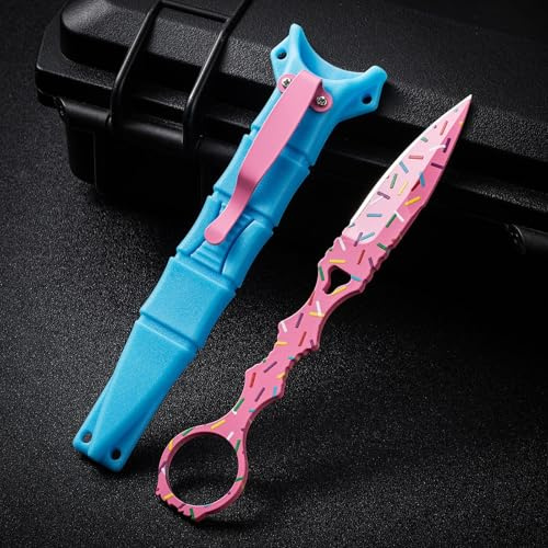 Amacigana Tragbares Messer mit Fester Klinge aus 440c-Stahl und Kydex-Scheide - Campingmesser mit Clip (Rosa)
