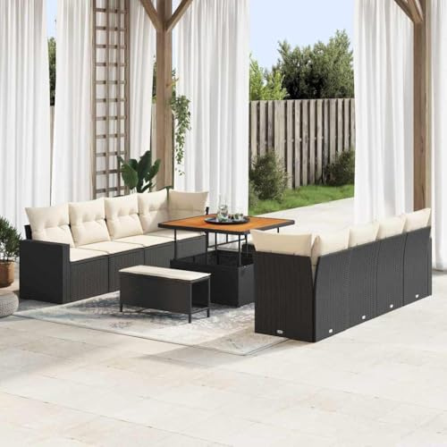 Keeushr Gartensofa-Set mit Kissen 12-teilig Schwarz und Creme Poly-Rattan Modularer Outdoor Sitzgruppe Eckcouch mit Tisch Wetterfest und UV-beständig für Terrasse Garten
