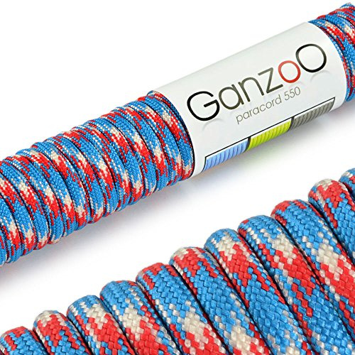 Ganzoo Paracord 550 Bleu Blanc Rouge, Corde de Parachute 30 m, 4 mm Nylon Polyester, Noyau 7 brins, Charge 250 kg 550 lbs, pour Bracelet a Nouer, Collier, Laisse, Utilisation Polyvalente