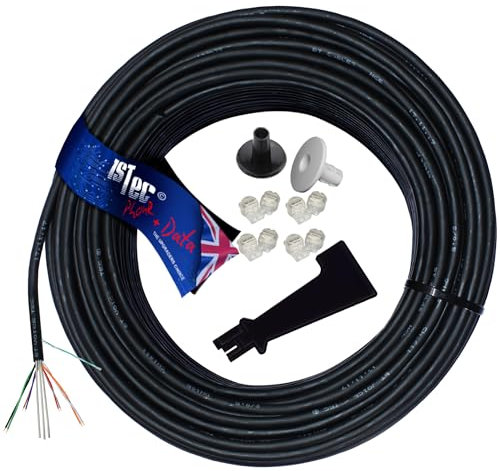 1STec 20m Roll of Genuine BT CW1420 Dropwire 15 Overhead 4 Pair 8 Solid Copper Cores for Outdoor Telephone Drop Wire Main Line British Cable + Crimps + 2 Entry Grommets + IDC Insertion Tool 20 Metre