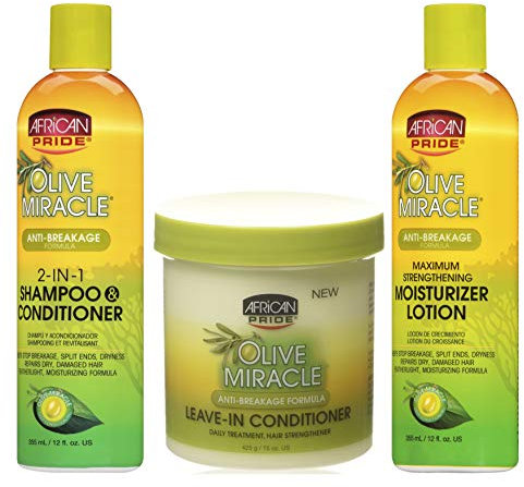 African Pride Olive Miracle | 3er-Set gegen Haarbruch | 2-in-1 Shampoo und Spülung, 355 ml | Leave-In-Spülung, 425 g | Feuchtigkeitsspendende Lotion für maximal gekräftigtes Haar, 355 ml