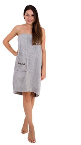 Julie Julsen Saunakilt für Damen 75 x 140 cm Klettverschluss und Gummizug 100% Baumwolle Tasche aufgesetzt Silber