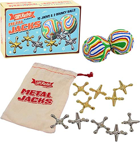 Traditionelles Retro-Metall-Jacks-Familienspiel mit 2 Gummi-Wirbel-Hüpfbällen und 10 Heavy Metal Jacks zum Spielen von Knucklebones, Fivestones und Game of Jacks, Anleitung und Stofftragetasche im