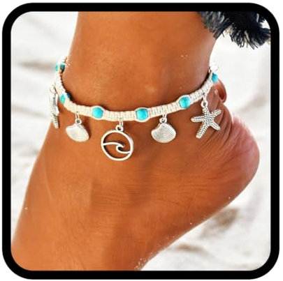 Handcess Boho-Fußkettchen, Türkis, Seestern, Silber, Muschel, Welle, Strand, geflochten, Schmuck für Damen und Mädchen