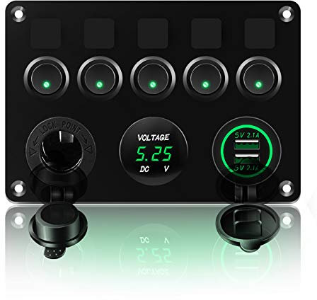KAOLALI Schaltpanel 12V/24V Kippschalter 5 Gang IP65 Wasserdicht + 4.2A Dual USB Ladegerät + Zigarettenanzünder Buchse + LED Wippschalter für Boot Wohnmobil Auto Fahrzeuge LKW Yacht (Grün)