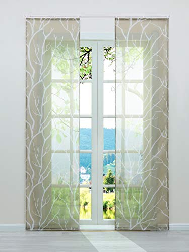 ESLIR Schiebegardinen Set 2er Flächenvorhänge Gardinen mit Klettband Schiebevorhang Transparent Vorhang mit Zweige Muster Voile Sand BxH 57x145cm 2 Stück