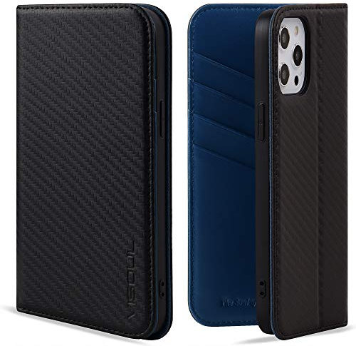 VISOUL iPhone 12 Hülle,Handyhülle iPhone 12 Pro [100% Echtleder] [3 Kartenfächer] [Verdichtes TPU] [Magnet] [Stand], RFID Stoßfeste Schutzhülle für iPhone 12/12 Pro Blau-T
