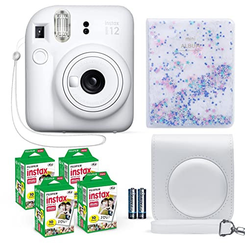Fujifilm Instax Mini 12 Instant Camera Clay White + Fuji Instax Film Value Pack (40 Sheets) + Shutter Accessories Bundle, Incl. Compatible Carrying Case, Quicksand Beads Photo Album 64 Pockets