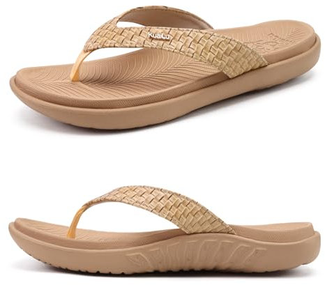 KuaiLu Womens Flip Flops Ladies Yoga Mat Comfortable Walking Thong Sandals with Plantar Fasciitis Arch Support Slip On Indoor Outdoor for Summer, Beige Size 5
