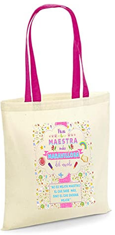 Los Eventos de la Tata. Bolsa Tote Bag con Asa Rosa para regalar a Maestros profesores (Asa Fuxia. Maestra Maravillosa)