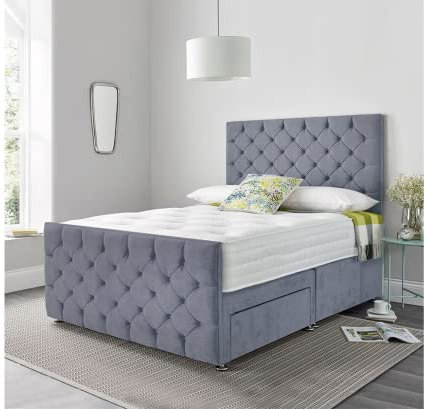 Luxurious Beds Grey Divan Bed Base With Mattress Headboard & 2 Foot End Storage Drawers (DOUBLE 4FT6 (137 X 198))