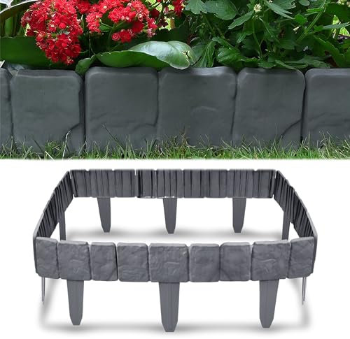 YUENFONG Rasenkante Steinoptik aus Kunststoff, 40 Stücke Beeteinfassung Mähkante Beetumrandung Gartenkante, Palisade Gartenzaun Gartenbeetzaun 10M, Anthrazit
