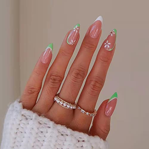 24PCS Short False Nails with Glue Stickers,Almond Full Cover Acrylic and Press on Nails no Glue, Green Flower French Fake Nails Stick for Women and Girls Nail Art.