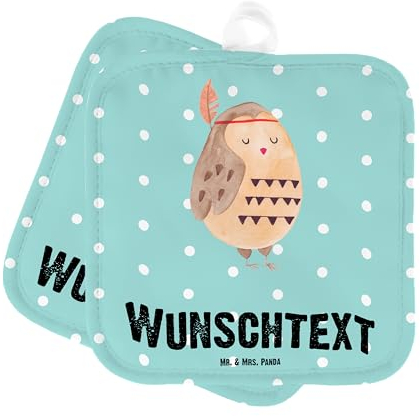 Mr. & Mrs. Panda Personalisierte Topflappen Eule Federschmuck - Personalisierte Geschenke, Topflappen Set personalisiert, Waldtiere, Topflappen