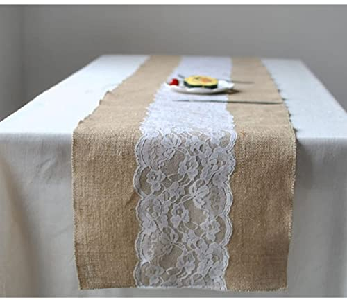 Epinki Tischläufer Frühling, 30x275 cm Leinen Tischläufer Abwaschbare Khaki Weiß Einfarbig mit Spitzen, Tisch Läufer Dekoration für Esszimmer Party Urlaub